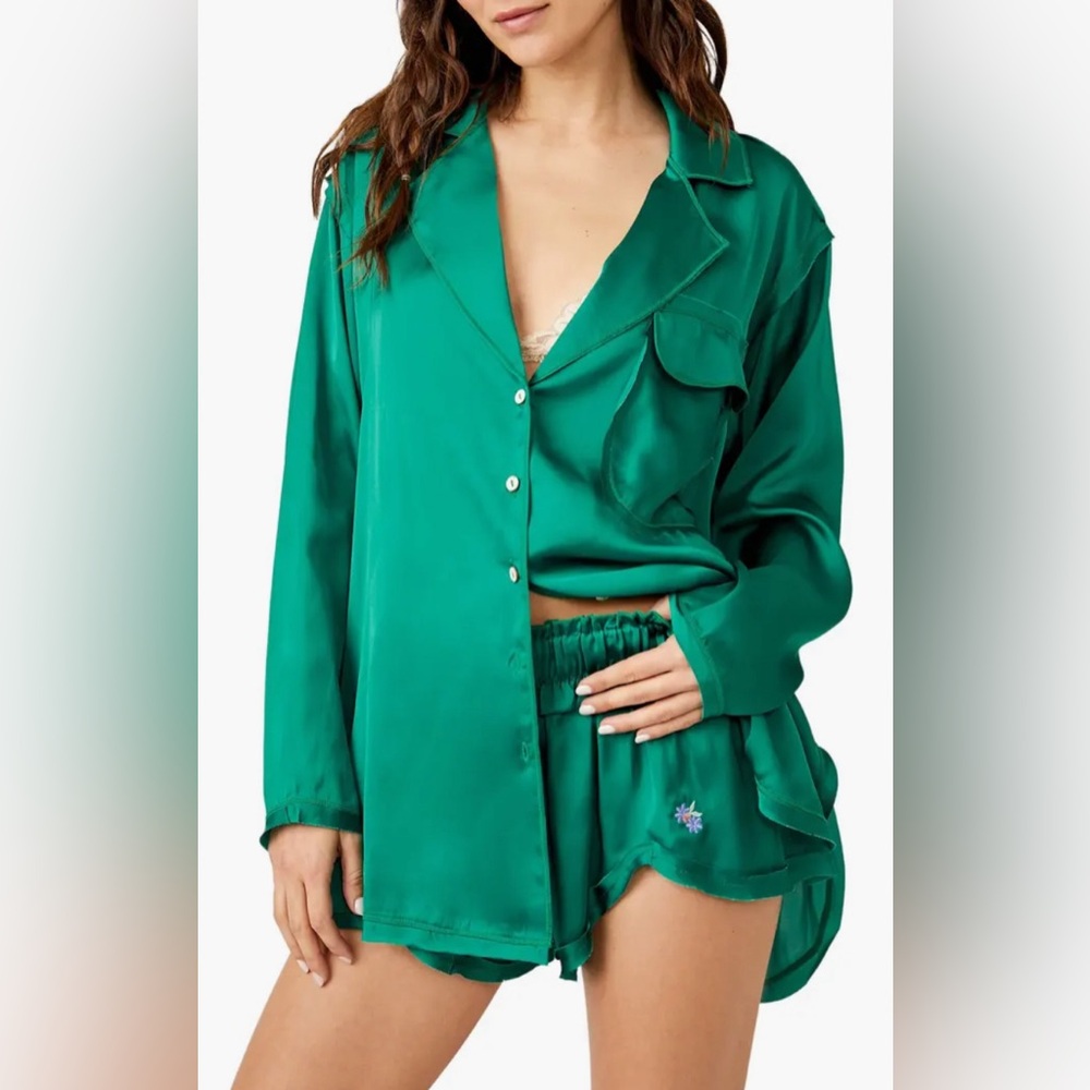 Free People Like Honey Long-Sleeve Satin Pajama Shirt & Shorts